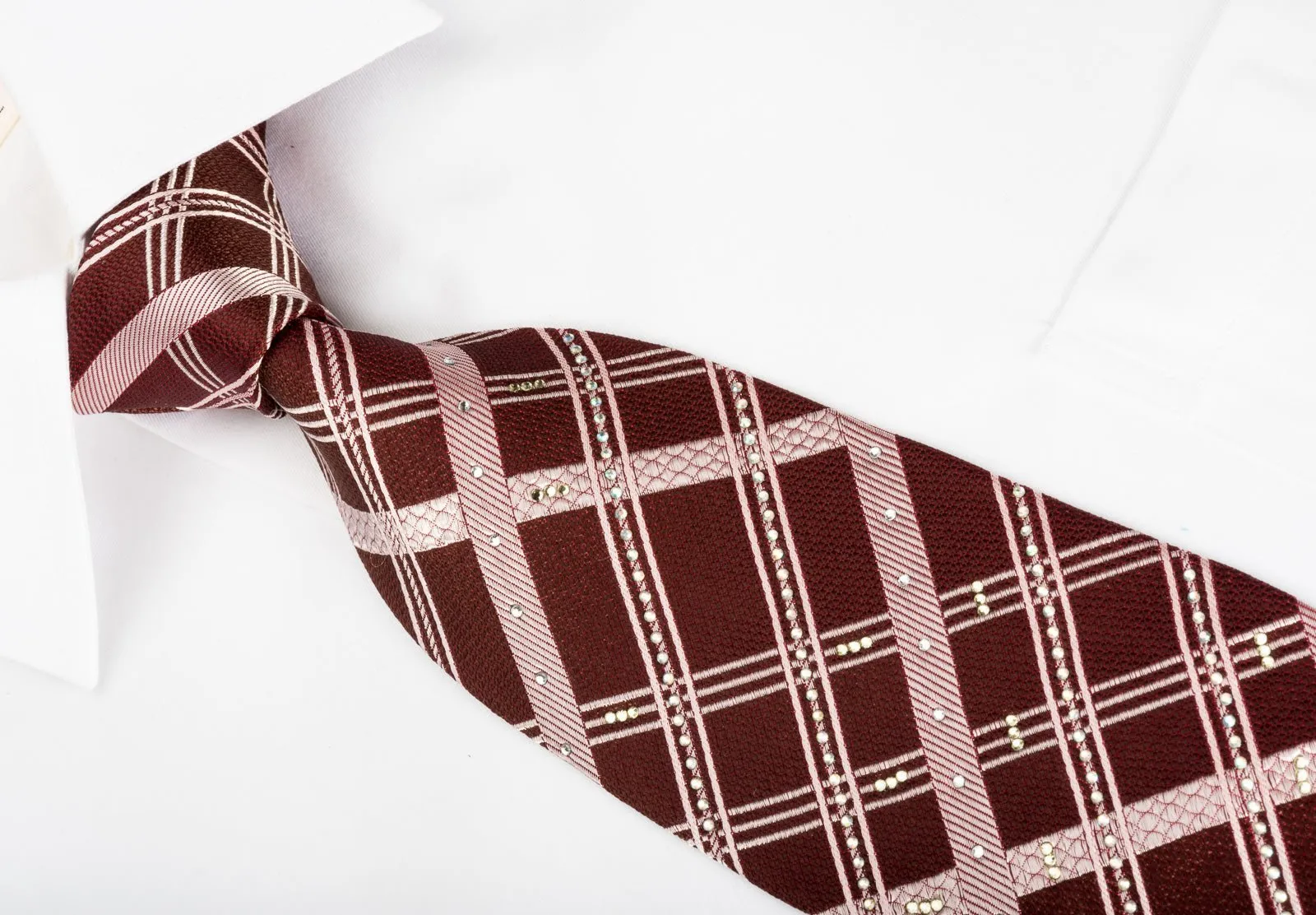 Elle Homme Silk Tie Plaid Stripes On Brown With Rhinestones